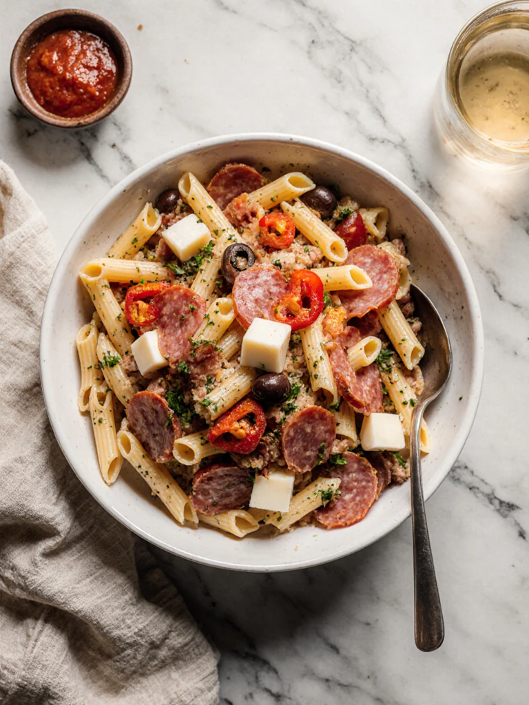 Antipasto pasta salad with penne, salami, pepperoni, roasted peppers, olives, and provolone cubes in a bowl
