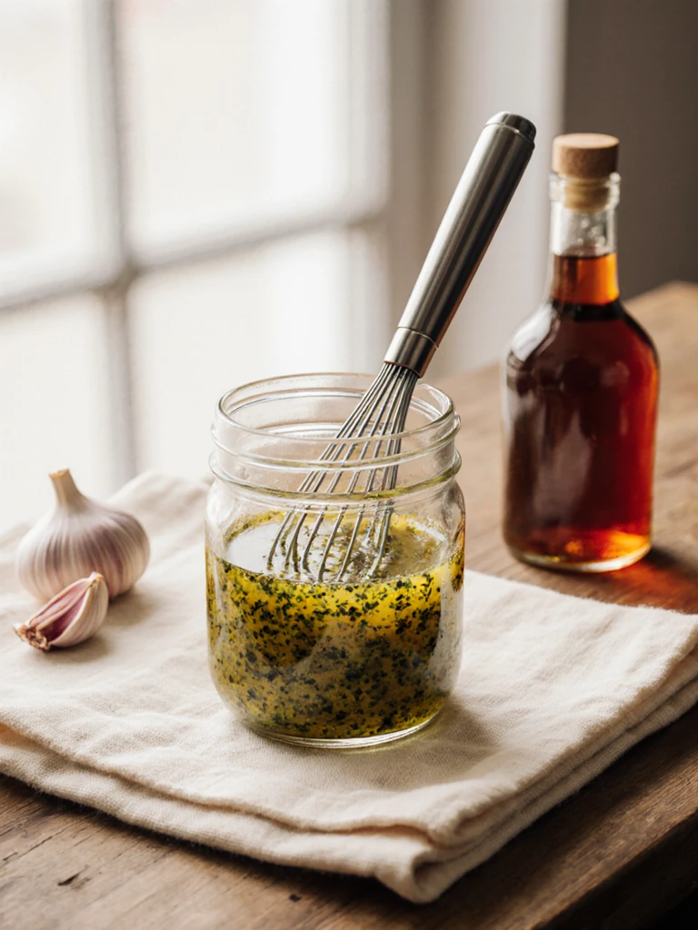 Italian red wine vinaigrette being whisked in a glass jar with olive oil, red wine vinegar, garlic, and oregano on a linen cloth