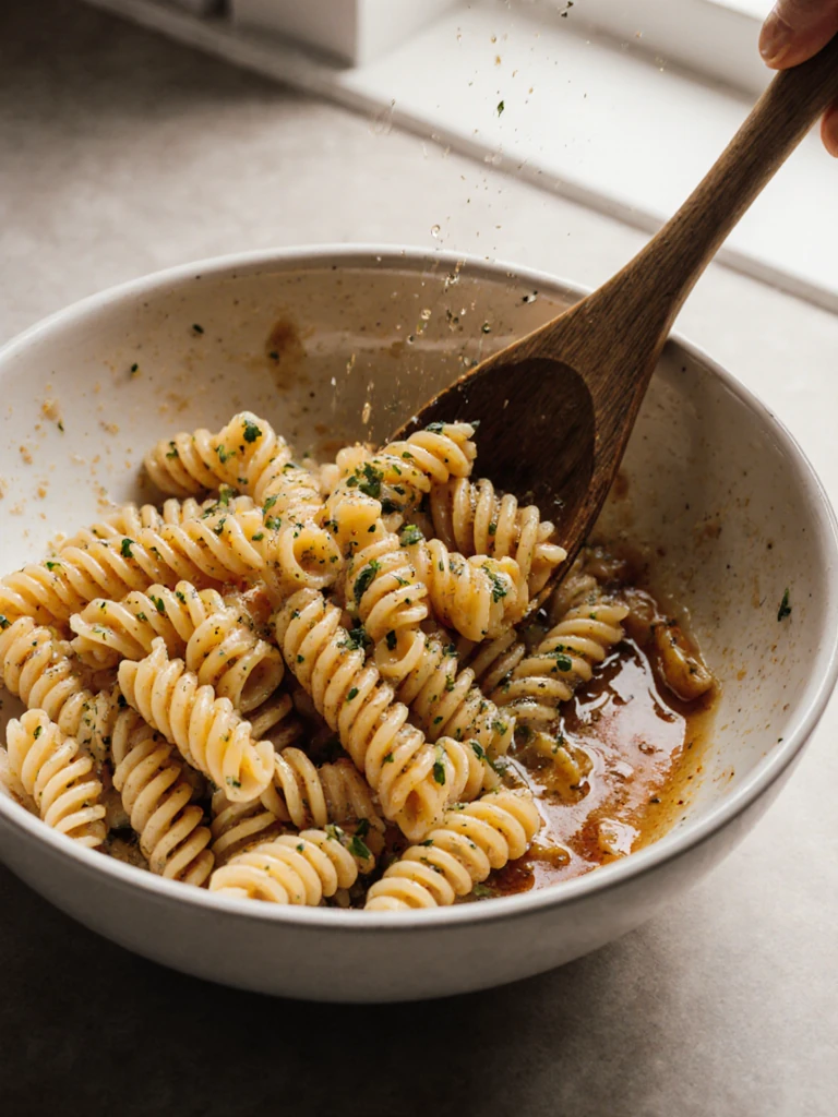 Warm rotini pasta being tossed with Italian red wine vinaigrette in a large ceramic bowl, dressing glistening on pasta surface