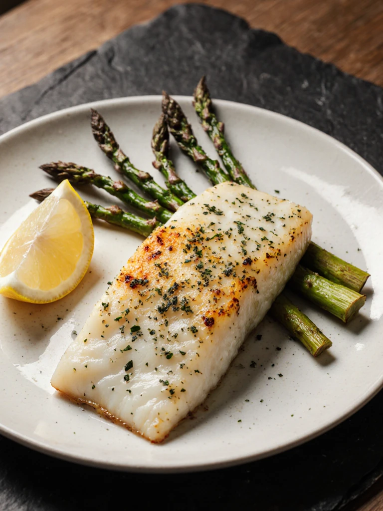 Baked cod with roasted asparagus and lemon on a white ceramic plate on a slate surface