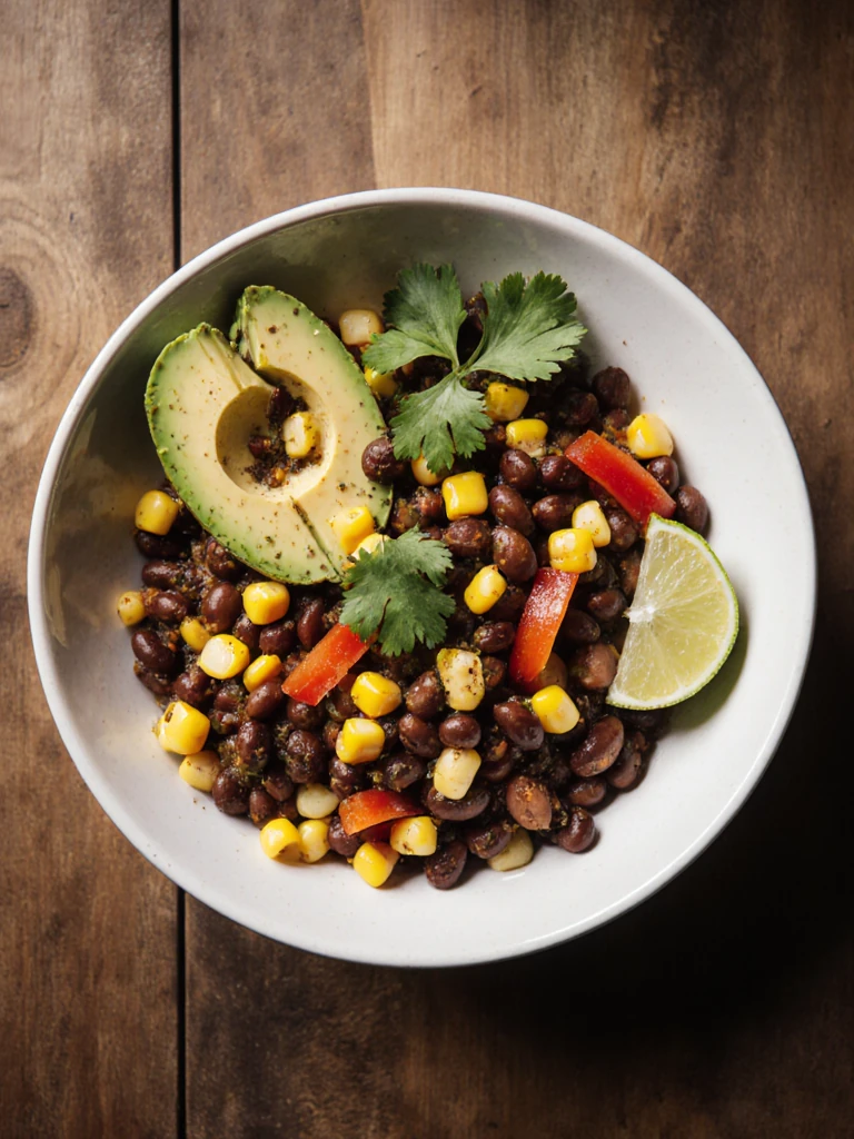 Spicy black bean and corn salad in a wide bowl with avocado, lime, and fresh cilantro on a wooden table