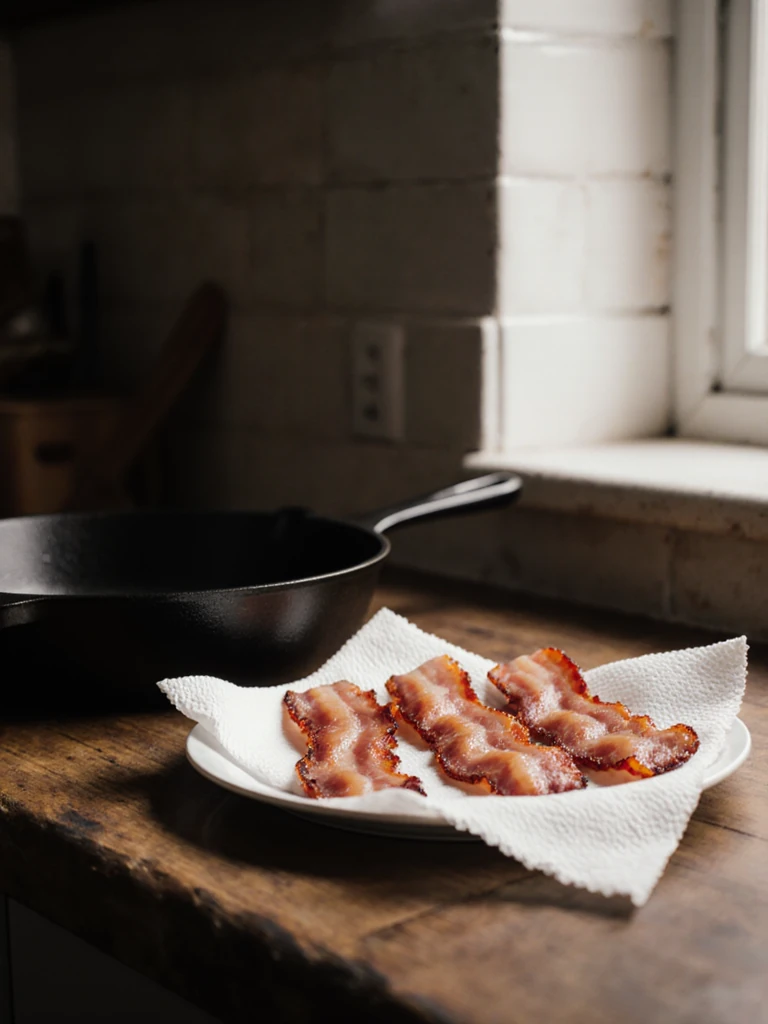 Crispy thick-cut bacon strips draining on a paper towel-lined plate beside a cast iron skillet on a kitchen counter
