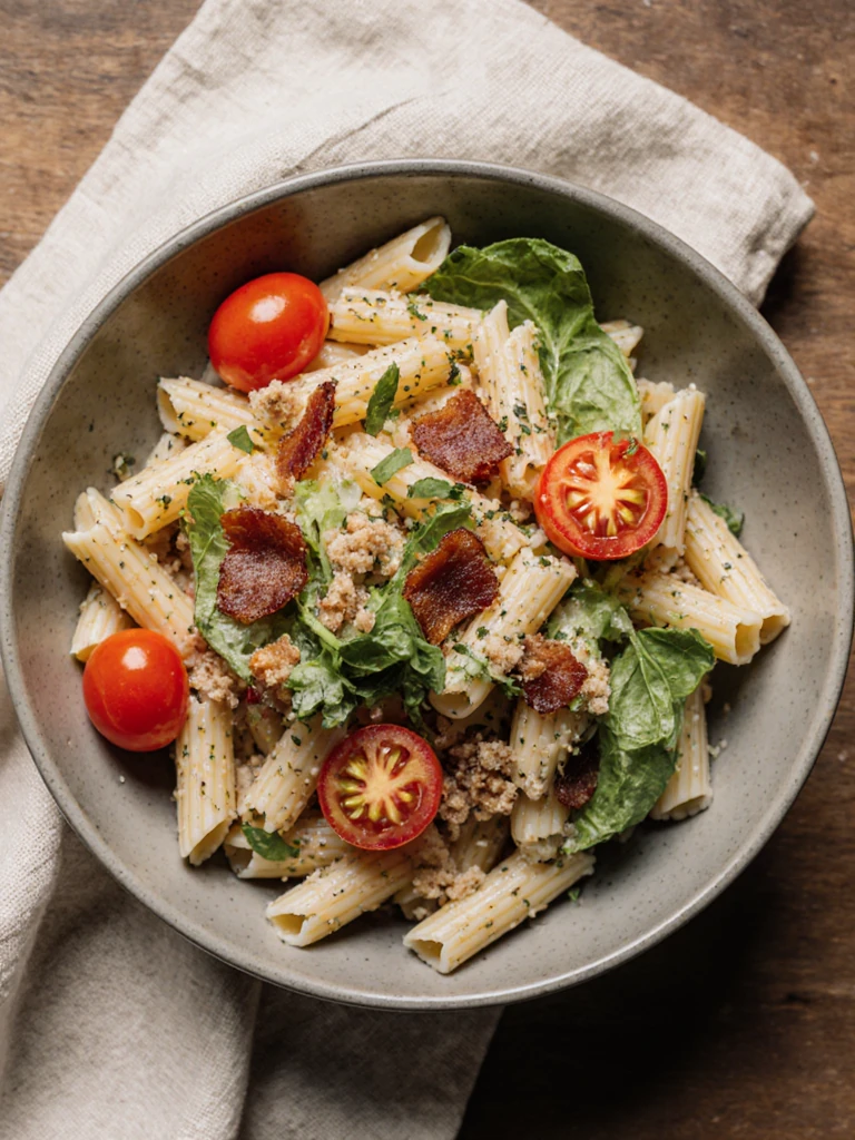Close-up of BLT pasta salad served in a bowl garnished with bacon crumbles, fresh cherry tomato halves, and chopped romaine on a linen cloth