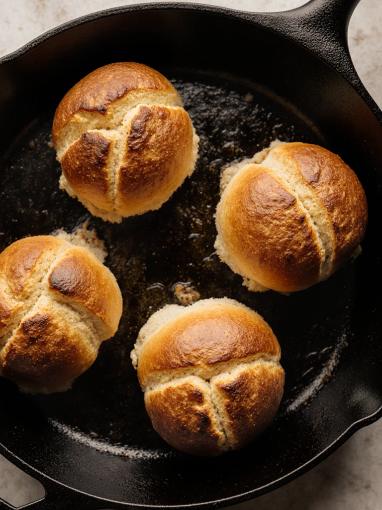 Brioche buns toasting cut-side down in a dry skillet until golden, overhead close-up shot