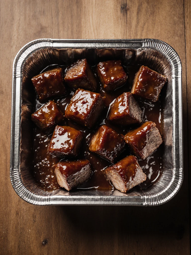 Brisket point cubes tossed in BBQ sauce and honey in an aluminum pan before second smoke, overhead