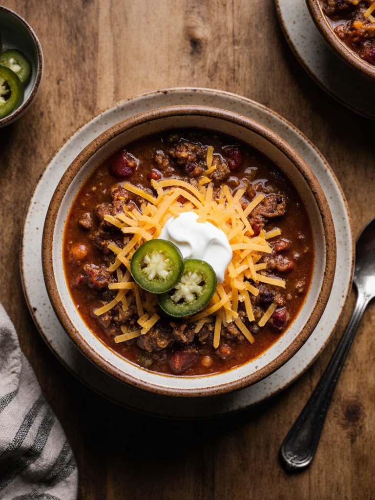 Bowl of smoked brisket chili topped with shredded cheddar, sour cream, and pickled jalapeños, overhead