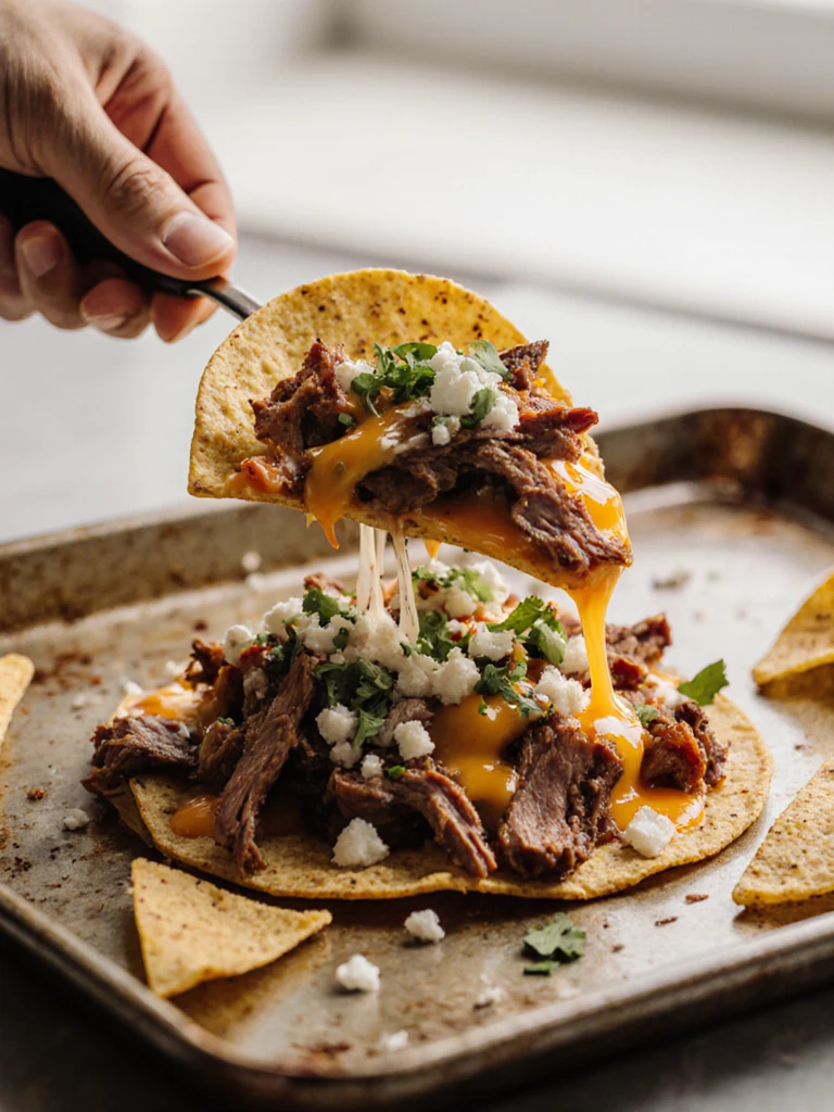 Hand scooping smoked brisket nachos from the sheet pan showing loaded chips with cheese and toppings