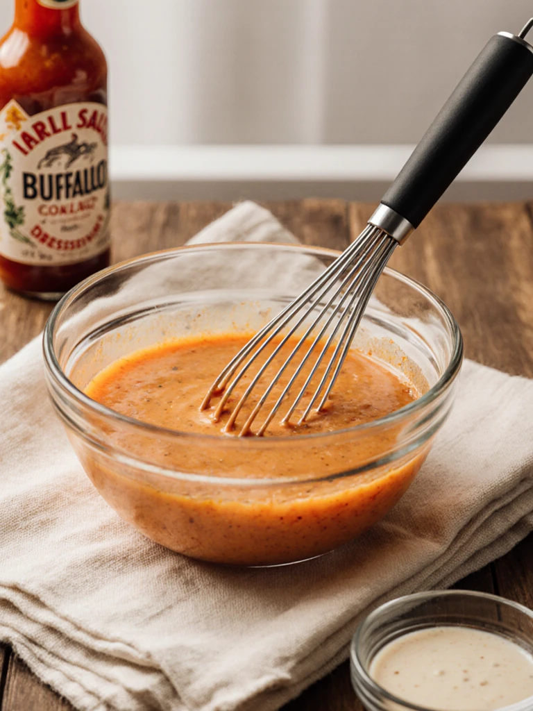 Creamy orange buffalo ranch dressing being whisked in a glass bowl with hot sauce, ranch dressing, and mayonnaise on a linen cloth