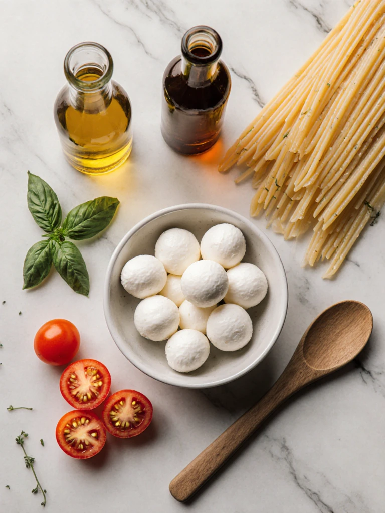 Overhead flat lay of Caprese pasta salad ingredients including mozzarella pearls, cherry tomatoes, fresh basil, fusilli pasta, and a small bottle of balsamic vinegar on a marble surface