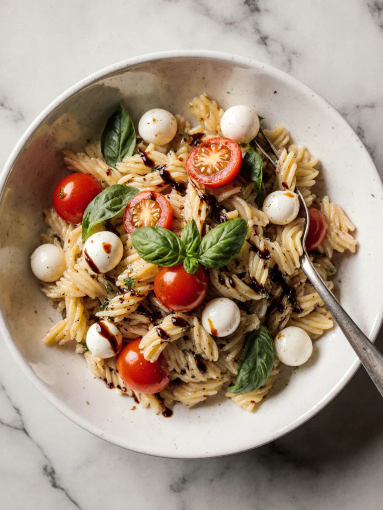Caprese pasta salad with fresh mozzarella pearls, cherry tomatoes, basil leaves, and balsamic glaze over fusilli