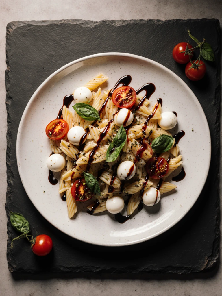 Plated Caprese pasta salad garnished with fresh basil leaves, mozzarella pearls, and a drizzle of balsamic glaze on a slate board
