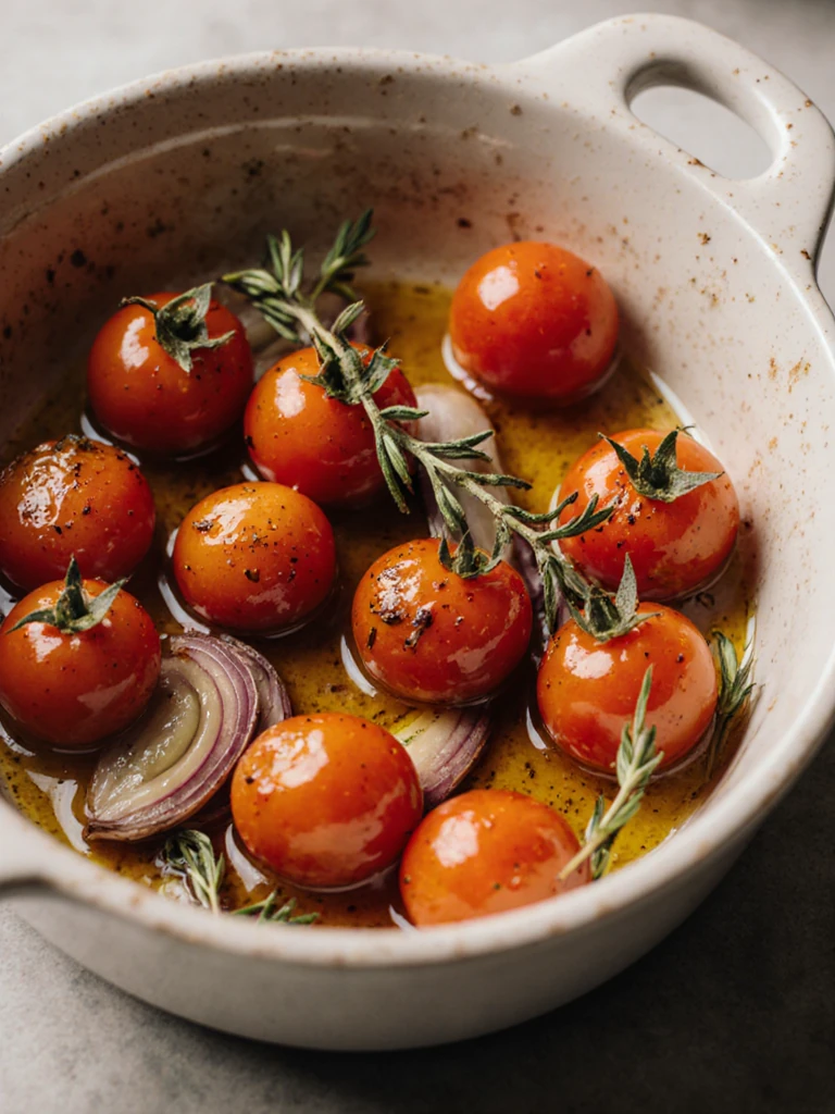 Cherry tomatoes roasting in a baking dish with olive oil, shallots, and fresh herbs in a hot oven, skins beginning to burst