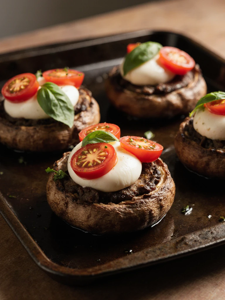 Caprese stuffed portobello mushrooms with mozzarella, cherry tomatoes, and fresh basil on a baking tray