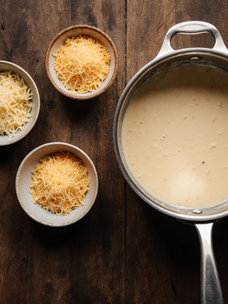 Grated cheddar and Gruyère in bowls beside a saucepan of warm white bechamel, prep overhead shot