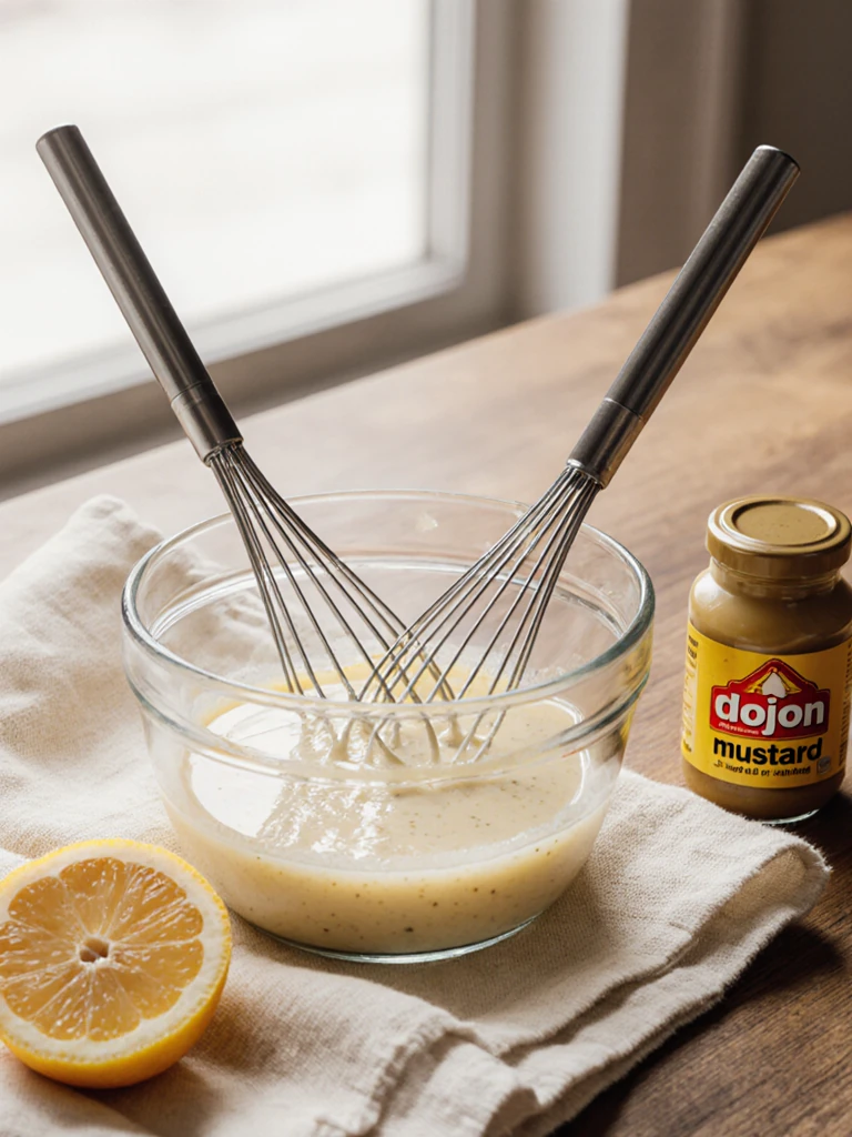 Creamy lemon dressing being whisked in a glass bowl with mayonnaise, lemon juice, and Dijon mustard on a linen cloth