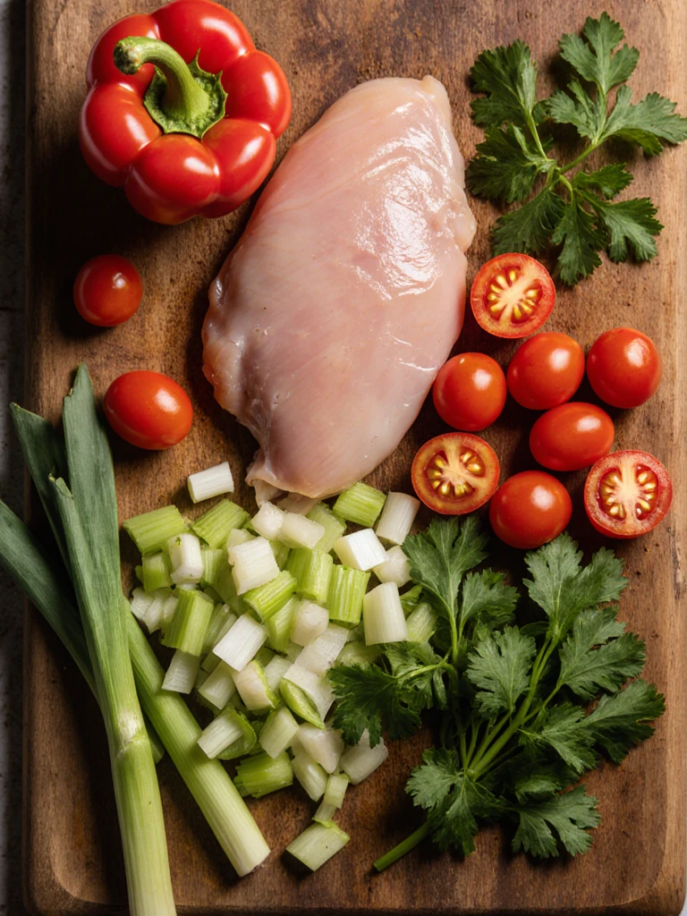 Chicken pasta salad ingredients on a wooden board with chicken breast, cherry tomatoes, celery, green onions, and parsley