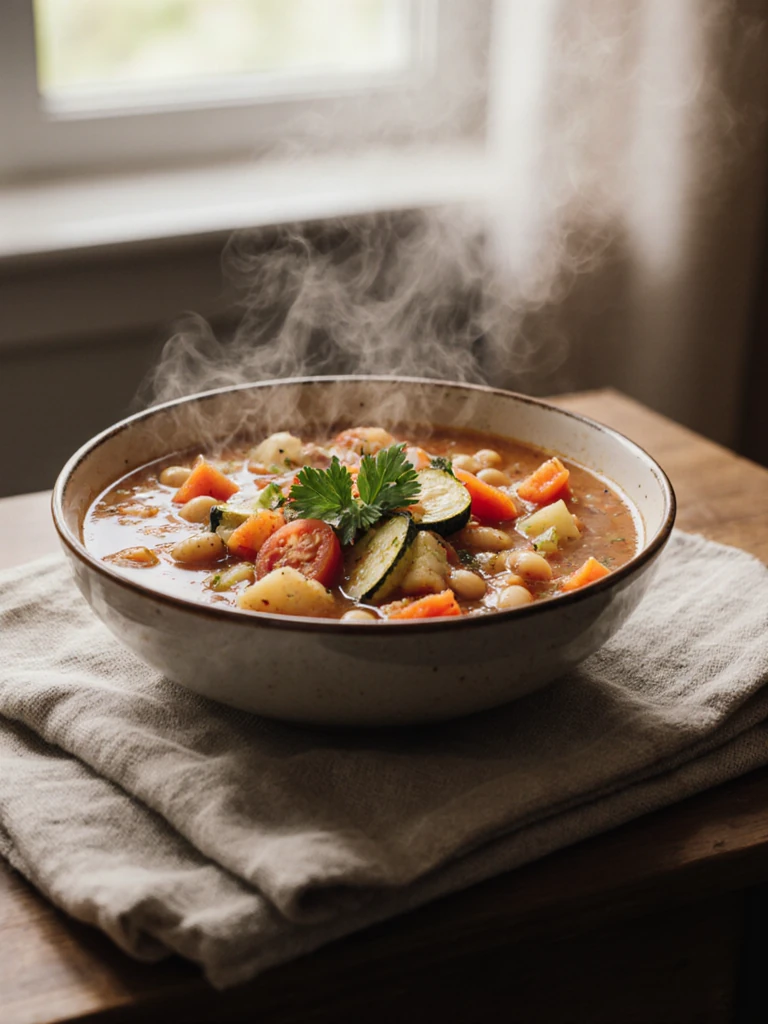 Large bowl of chunky vegetable minestrone soup with tomatoes, zucchini, and white beans on a linen cloth