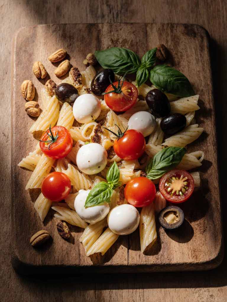 Pasta salad ingredients arranged on a wooden cutting board including cherry tomatoes, mozzarella pearls, pine nuts, and fresh basil