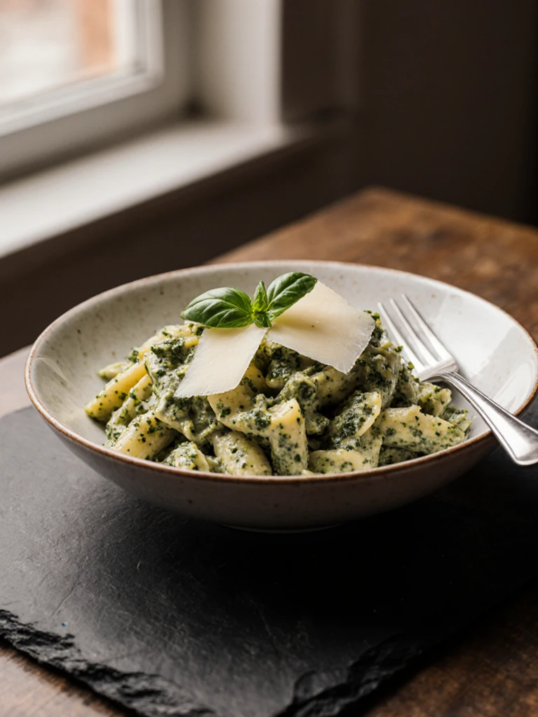 Creamy pesto pasta salad served in a bowl with a fork, garnished with parmesan shavings and basil, side view on slate surface
