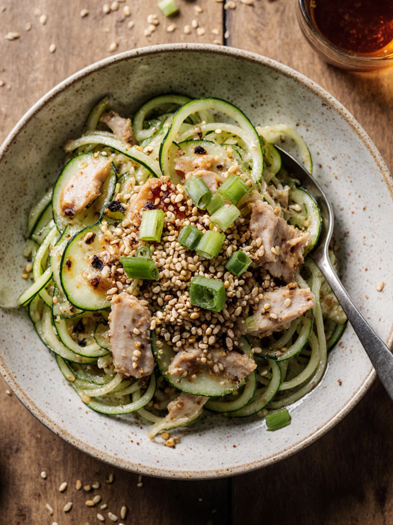 Cucumber noodle salad with sesame dressing, shredded chicken, and toasted sesame seeds in a wide bowl