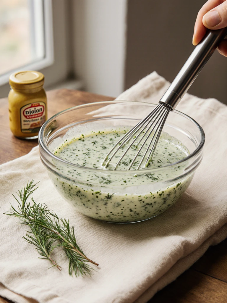 Creamy dill pickle dressing being whisked in a glass bowl with mayonnaise, sour cream, and fresh dill on a linen cloth