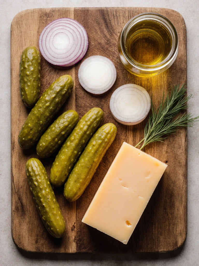 Dill pickle pasta salad ingredients on a wooden board with dill pickles, cheddar, onion, fresh dill, and a jar of pickle brine
