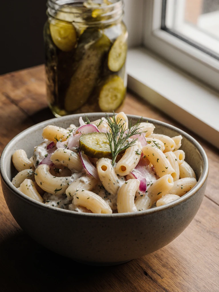 Dill pickle pasta salad with macaroni, diced pickles, red onion, and creamy tangy dressing in a ceramic bowl