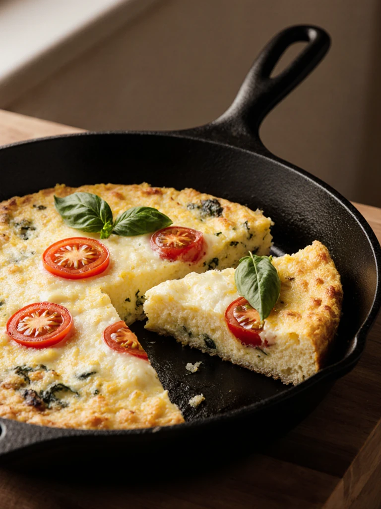 Tomato basil egg white frittata sliced in a cast iron skillet with fresh basil and cherry tomatoes on top