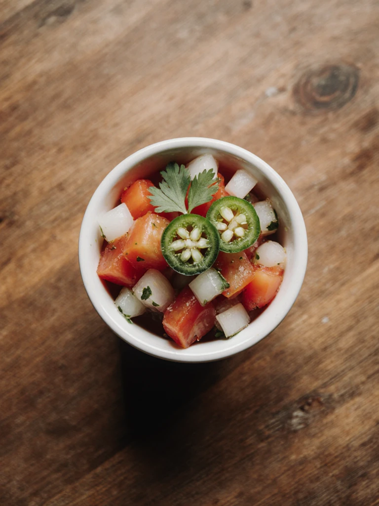 Fresh pico de gallo with diced tomatoes, white onion, cilantro, and jalapeño in a small bowl, overhead