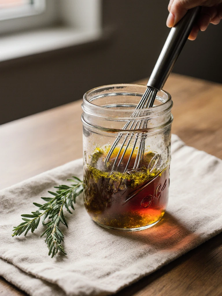 Whisking Greek vinaigrette dressing with olive oil and red wine vinegar in a small glass jar on a linen cloth
