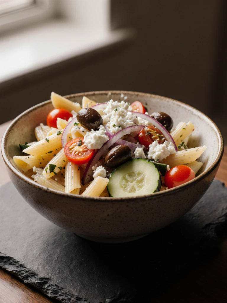 Greek pasta salad with penne, cucumber, kalamata olives, feta cheese, and cherry tomatoes on a slate board