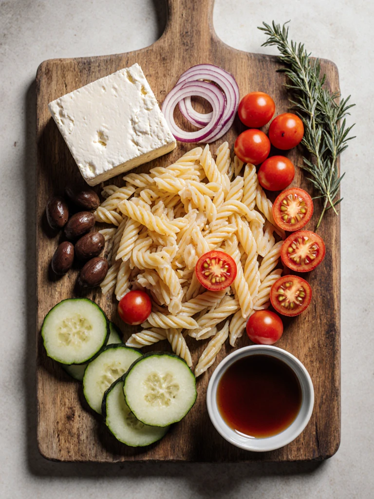Overhead flat lay of Greek pasta salad ingredients including feta block, cherry tomatoes, cucumber, Kalamata olives, and red onion on a wooden board