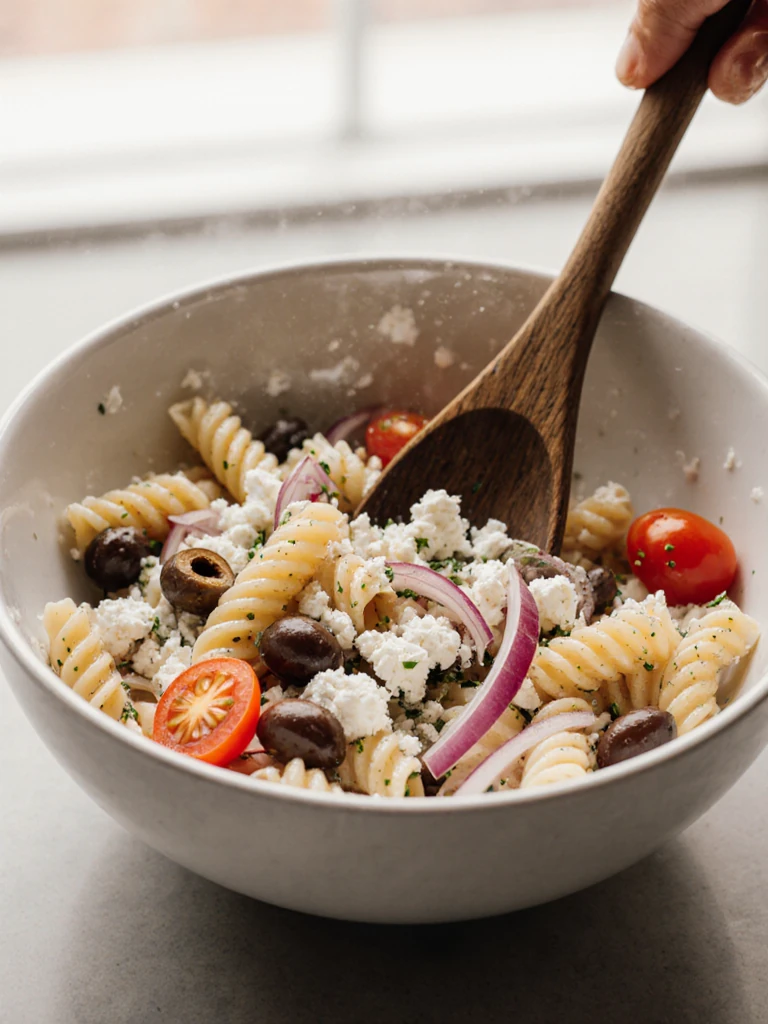 Close-up of Greek pasta salad tossed in a large mixing bowl with wooden spoon, feta crumbles and olives visible on top