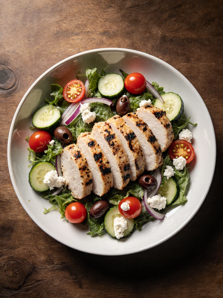 Large Greek salad with grilled chicken, cucumber, tomatoes, olives, and feta in a wide bowl on a wooden table