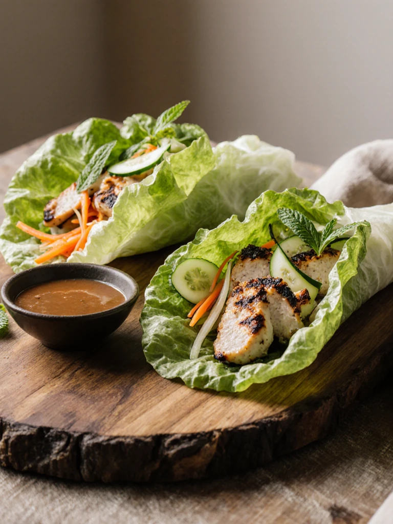 Grilled chicken lettuce wraps with shredded carrots, cucumber, and fresh herbs on a wooden board