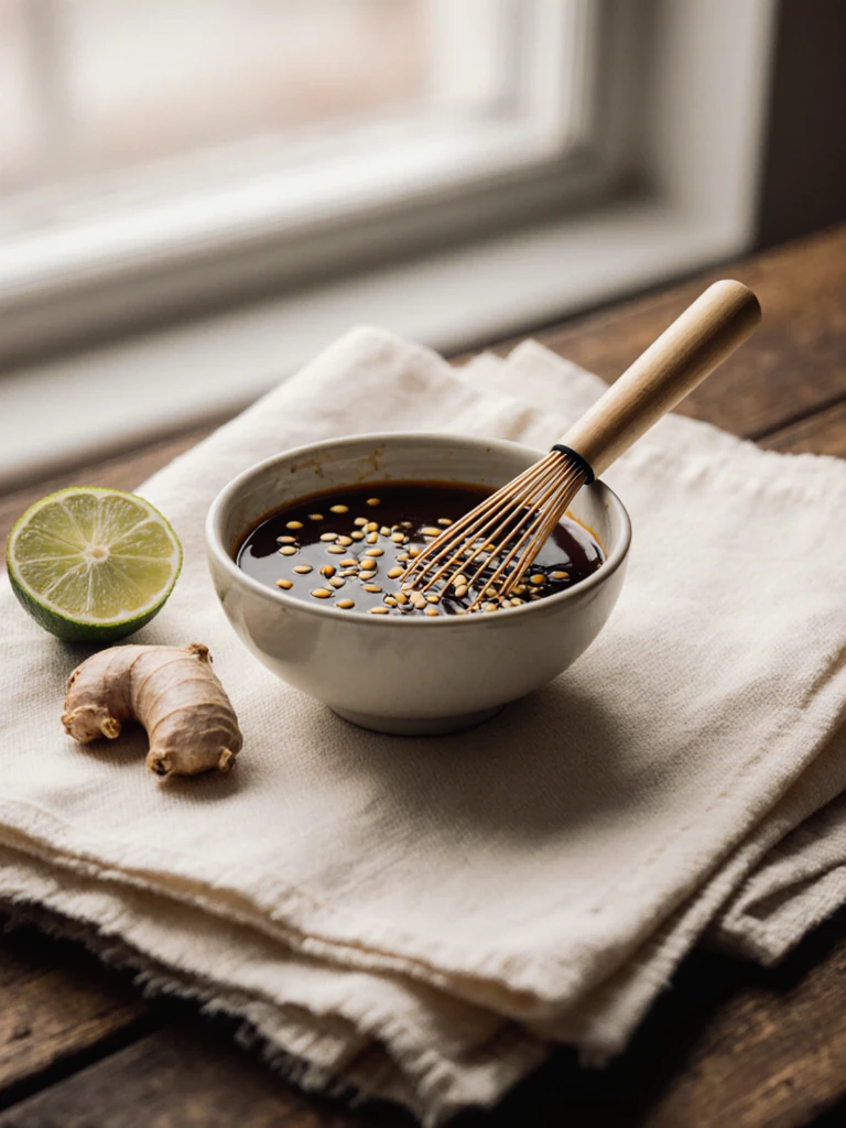 Soy ginger dipping sauce being whisked in a small ceramic bowl with sesame seeds and lime on a linen cloth