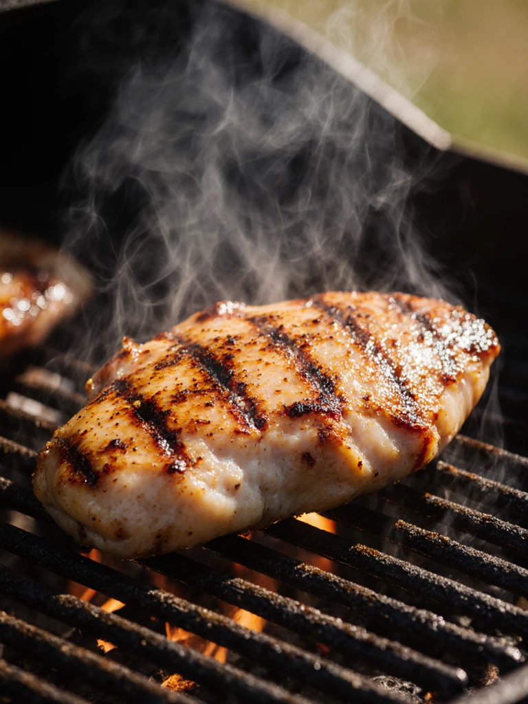 Chicken breast grilling on hot grill grates with visible char marks and light smoke rising