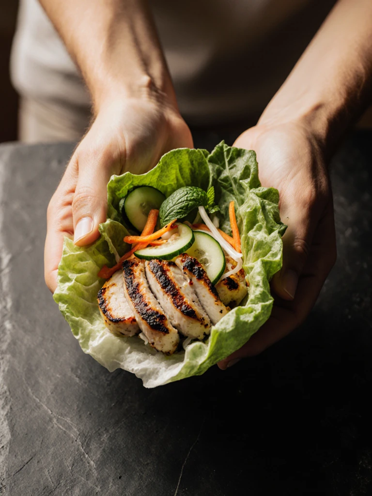 Close-up of a grilled chicken lettuce wrap held in hands showing filling of chicken, carrot, cucumber, and herbs