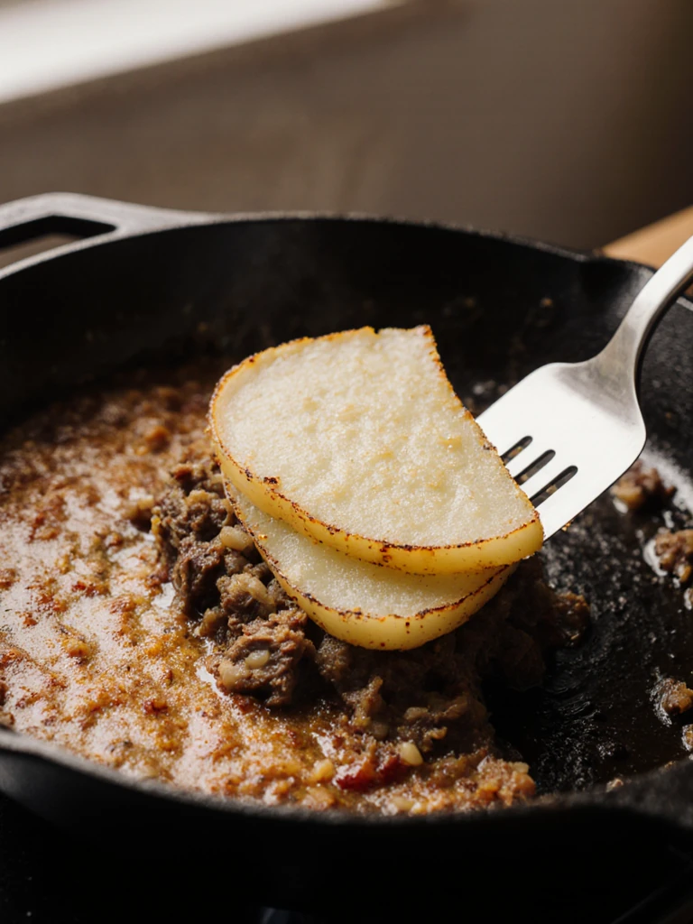 Hash browning in a cast iron skillet pressed flat with a spatula, golden crust forming on potatoes