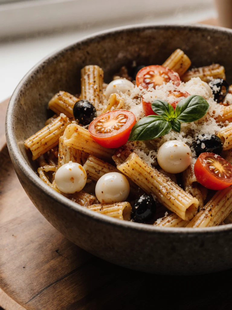 Close-up of classic Italian pasta salad served in a ceramic bowl garnished with fresh basil leaves and a sprinkle of Parmesan