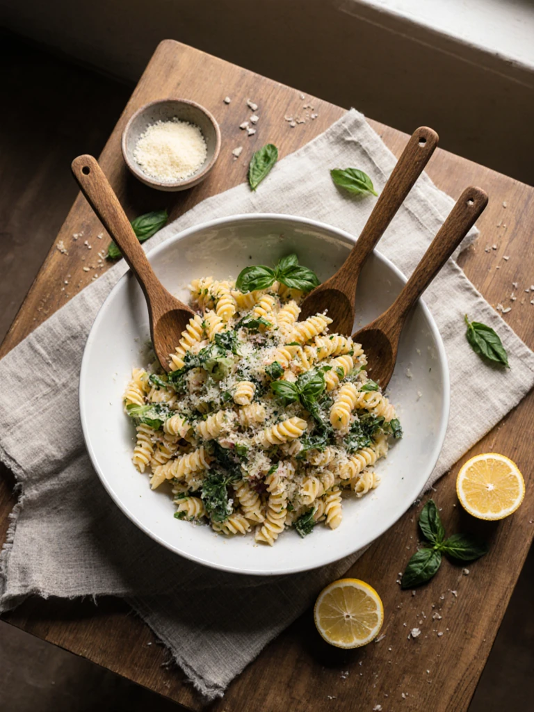 Italian pasta salad in a wide serving bowl with wooden salad servers, surrounded by fresh herbs and lemon wedges on a linen cloth