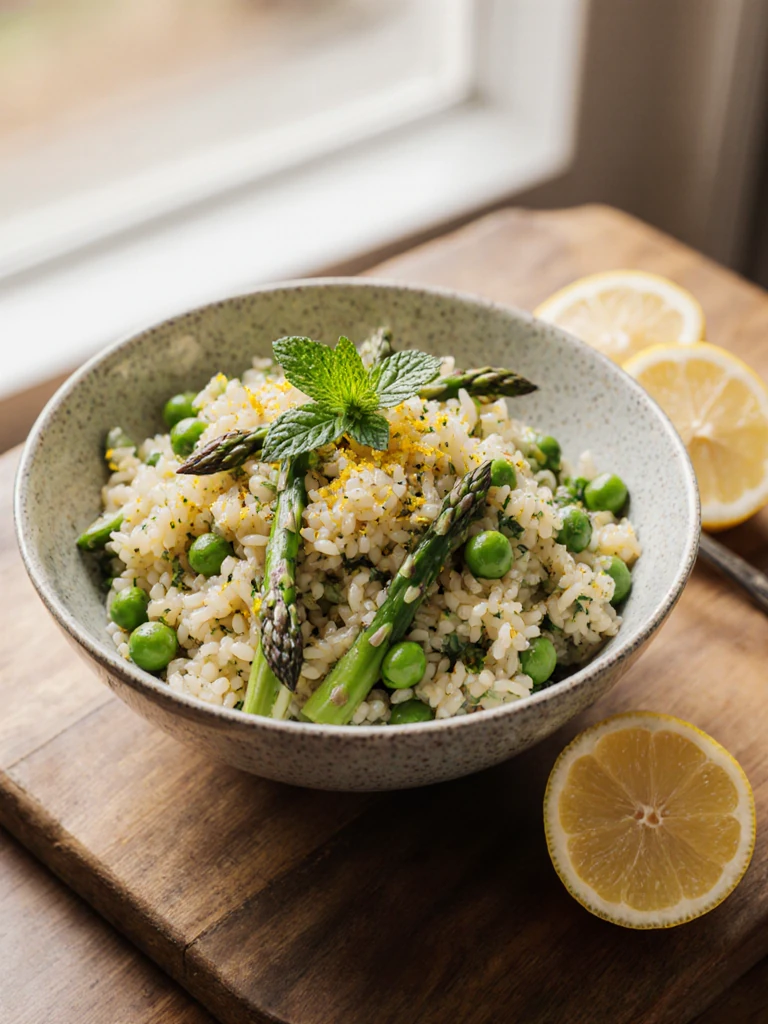 Lemon herb pasta salad with orzo, asparagus, peas, fresh mint, and a bright lemon vinaigrette in a ceramic bowl