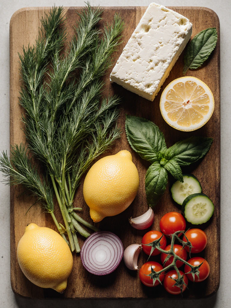 Lemon herb orzo salad ingredients on a wooden board with fresh dill, mint, basil, parsley, lemons, feta, cucumber, and cherry tomatoes