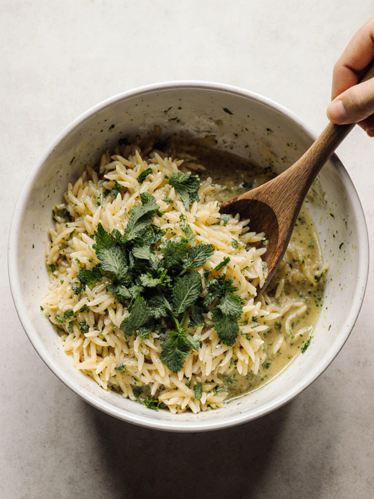 Cooked orzo being tossed with lemon herb dressing in a large ceramic bowl, fresh herbs scattered over the top