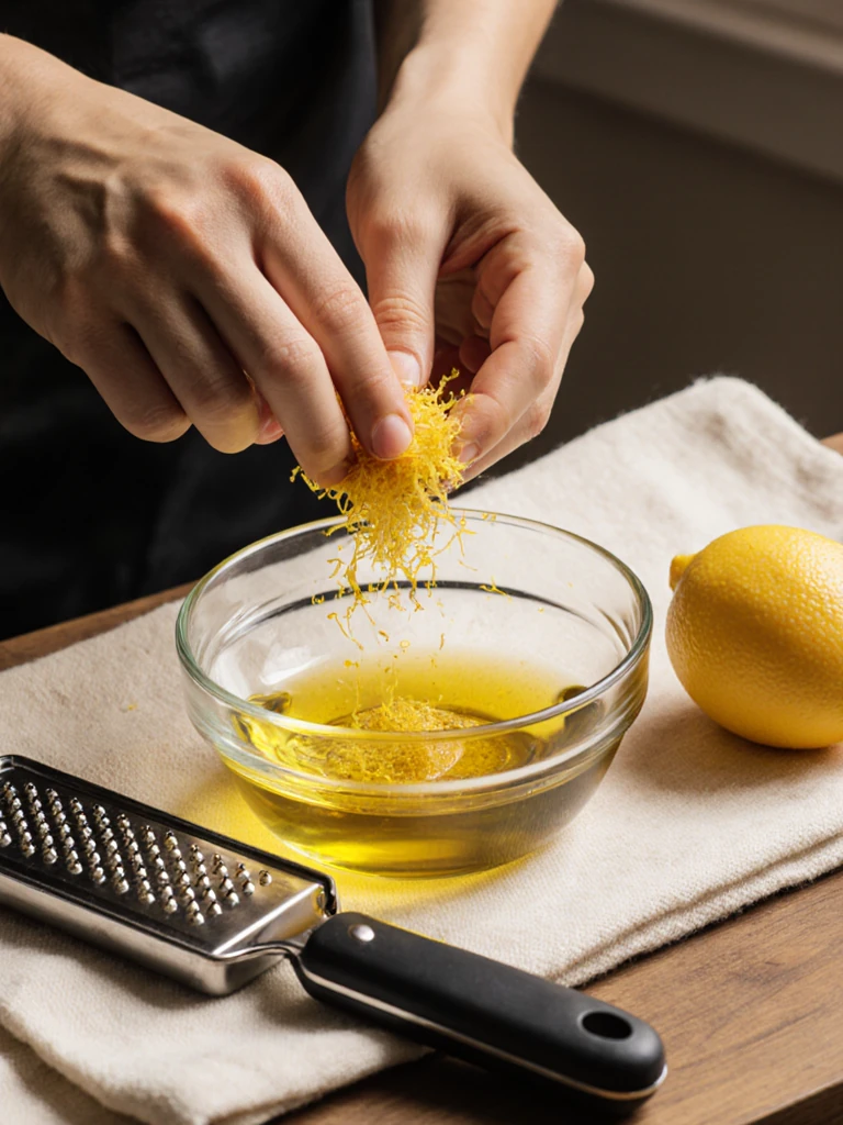 Lemon zest being rubbed into olive oil in a glass bowl, bright yellow zest flecks visible against the golden oil