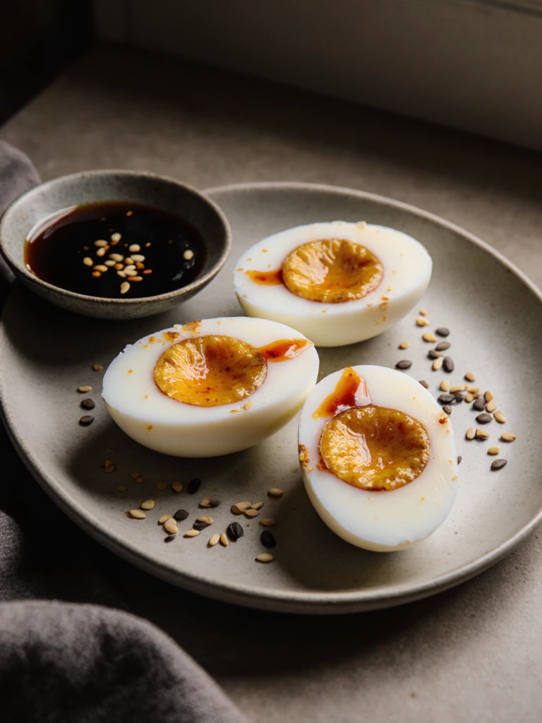Halved marinated soft-boiled eggs with jammy golden yolks on a small ceramic plate next to a bowl of soy marinade