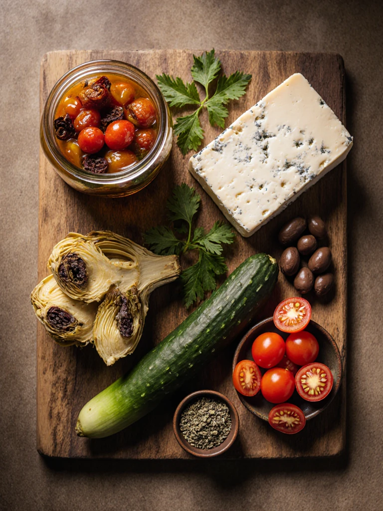 Mediterranean pasta salad ingredients on a wooden board with sun-dried tomatoes, artichokes, feta, olives, cucumber, and fresh herbs