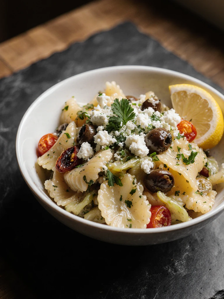 Close-up of Mediterranean pasta salad in a shallow bowl topped with crumbled feta, fresh parsley, and a lemon wedge on a slate surface