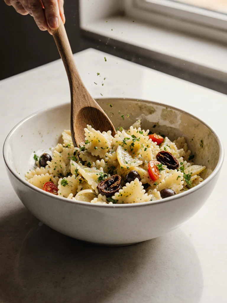Farfalle pasta being tossed with Mediterranean dressing and vegetables in a large ceramic mixing bowl with a wooden spoon