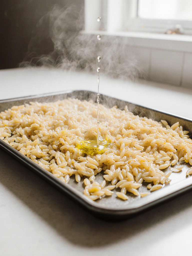 Cooked orzo pasta spread across a baking tray to cool with a drizzle of olive oil on a kitchen counter